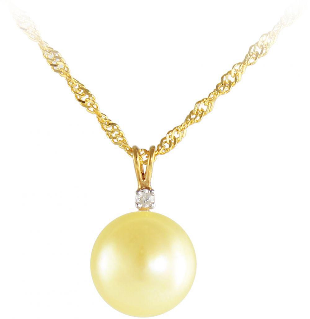 VP Jewels 18K Solid Gold 0.02ct Diamonds 10-11mm Golden Pearl Pendant Necklace