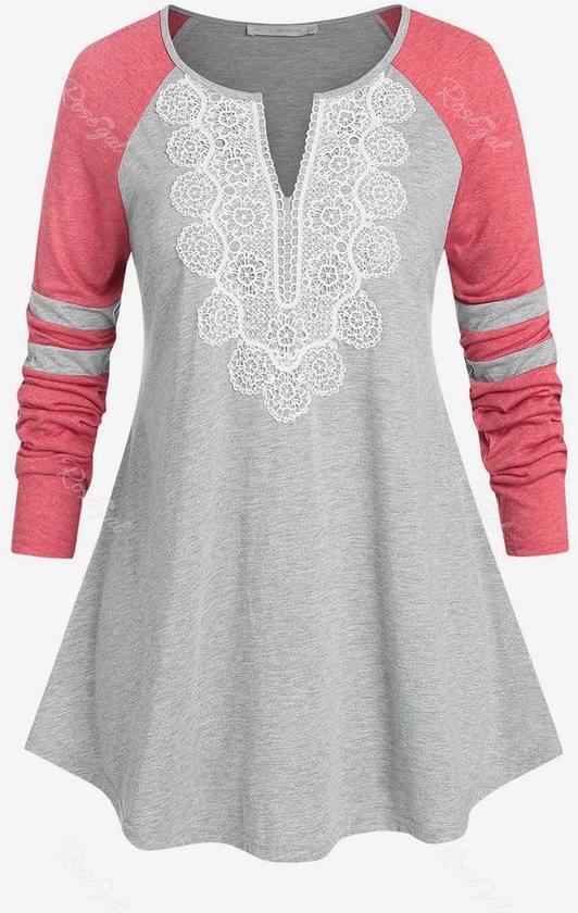 Plus Size Lace Raglan Sleeve Colorblock T Shirt - L