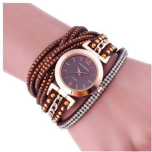 Liplasting Fashion Woman 3 Ring Chain Watch PU Leather Strap Quartz Wristwatches Crystal Rhinestone Cross Bracelet Famale Clock