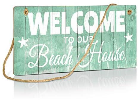 Putuo Decor Welcome to Our Beach House Sign, 10x5 Inch Hanging Plaque for Door, Wall