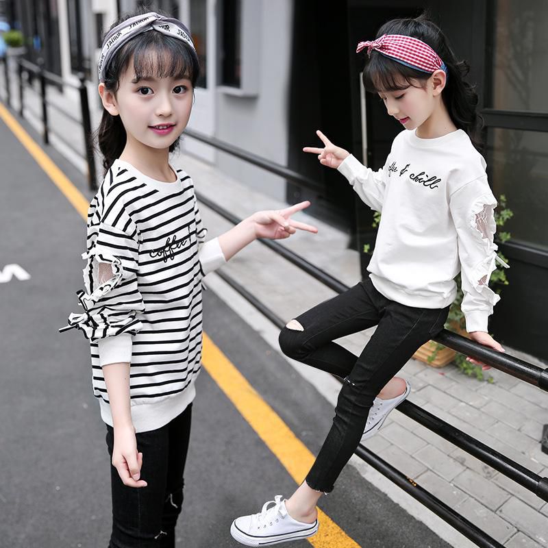 Girls T-Shirt Long Sleeve Striped and White 4-12Y - 2 Sizes (Striped )