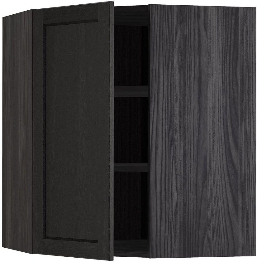 METOD Corner wall cabinet with shelves - black/Lerhyttan black stained 68x80 cm
