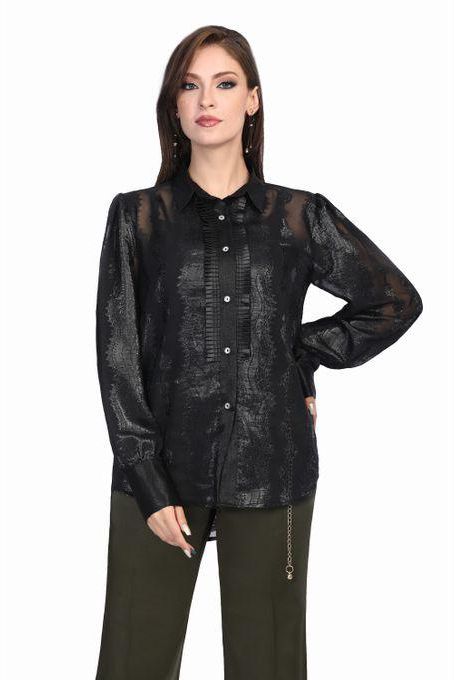 Smoky Egypt Crystal Patterned Chiffon Shirt With Pleated Trim - Black