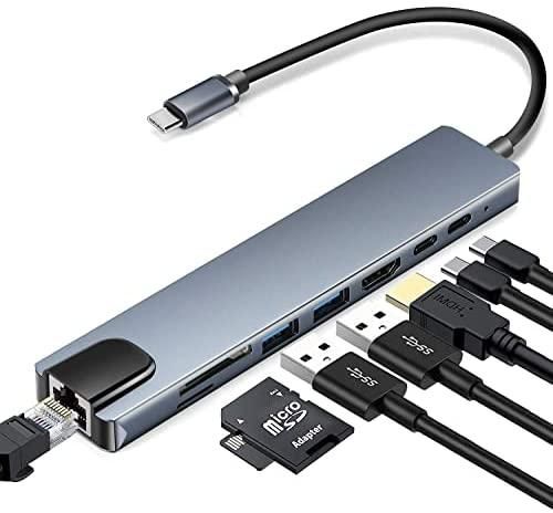 موزع USB نوع C من ال اف سوتيان، محول موزع نوع C، موزع شبكة USB-C 8 في 1، موزع نوع C مع منفذ ايثرنت، منفذ 1 4K HDMI، منافذ USB 3.0 2، بطاقة SD، موزع مناسب لاجهزة ماك بوك واجهزة لابتوب بمنافذ USB نوع C