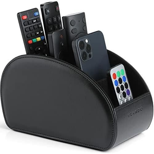 Vlando Leather Remote Control Holder - Large Remote Control Caddy - Desktop Organizer with 5 Compartments Fits TV, DVD, Blu-Ray, Media Player, Heater Controllers, Office and Makeup Supplies (Black)