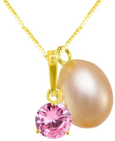 18 Karat Solid Yellow Gold Zircon With 7 mm Pearl Pendant Necklace