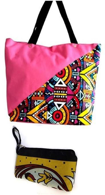 Fashion Womens Pink Canvas Ankara Handbag With Pouch