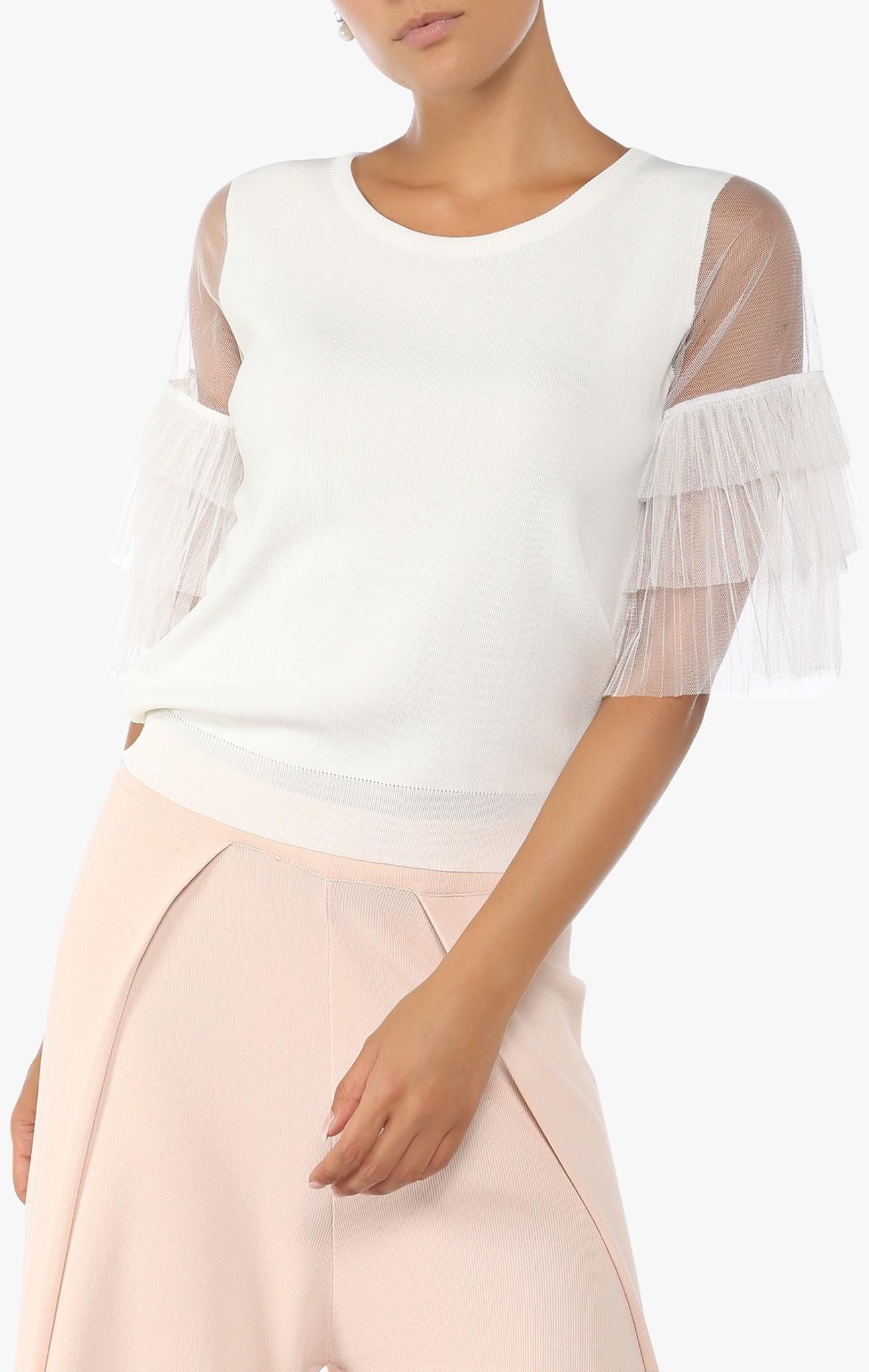 White Frill Sleeve Knit Top