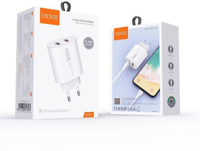 Vidvie PLE233 2.4A Fast Wall Charger With Lightning Cable - White