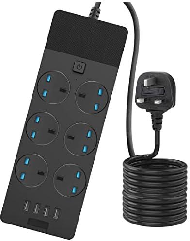 UK Extension Lead with USB Ports,6 Outlets Power Strip with 4 (2.1A) USB Slots Extension UK Socket Surge Protection with 2M Extension Cable for phone, Wall Mountable Extension Cord for Home Office