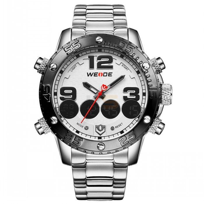 WEIDE 3405 Men's Quartz Watch Digital Double IP Show Sports Watch Stailess Steel Band Back Light Waterproof-White