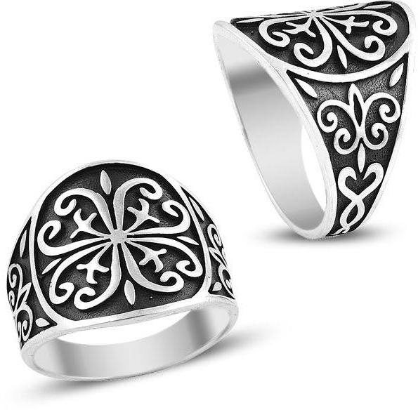 925K Sterling Silver Art Design Carved Turkish Men Round Ring Handmade Size 9  BSELY007
