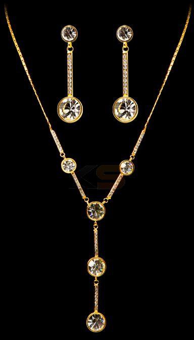 Crystal Rhinestone Gold Plated Long Sweater Chain Pendant Necklace/ Earring Set-White Diamond