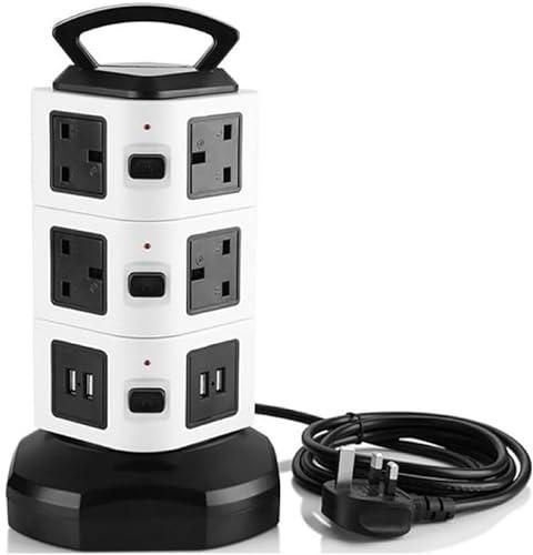 FEIAGE Tower Universal Extension Cord Power Station, All Rounded Rotation, Vertical Multi-Plug USB Power Strip with 2m Extension Lead Cable 3 Layers (white)