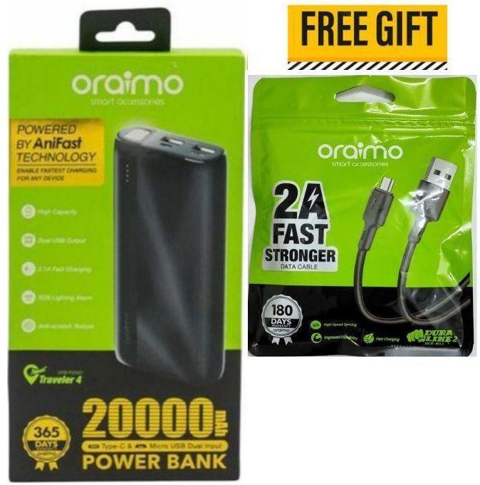 Oraimo 20000mAh Power Bank With Cable - Black
