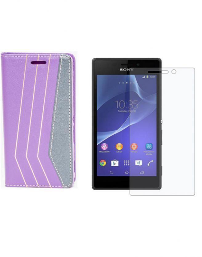 Generic Flip Cover for Sony Xperia M2 - Purple + Tempered Glass Screen Protector