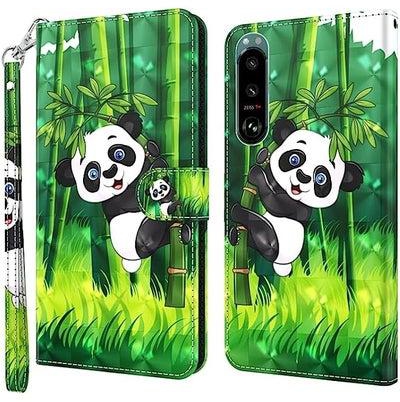 HuHa Case Cover Compatible For Sony Xperia 5 III 3D Painting Pattern TPU + PU Leather Phone Case Panda Climbing Bamboo