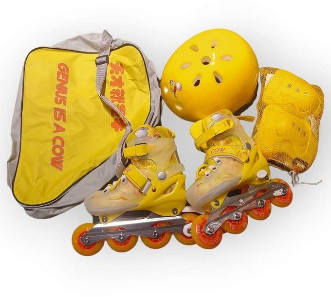 A complete set of ski boots with head protection and a set of hand and foot protection with adjustable sizes