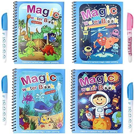 Stickerboy 4 Pack Magic Water Colouring Book Water Paint Books with Pen Reusable Doodle Game Gift for Children Kids Girls Boys - Universe & Dinosaur & Ocean & Robot