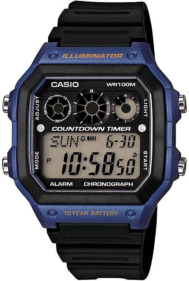 ساعة من "كاسيو" بمؤقت وبطارية تدوم حتى 10 سنوات، رقمية بمينا، بسوار من البلاستيك المطاطي لون اسود - AE-1300WH- 2AV