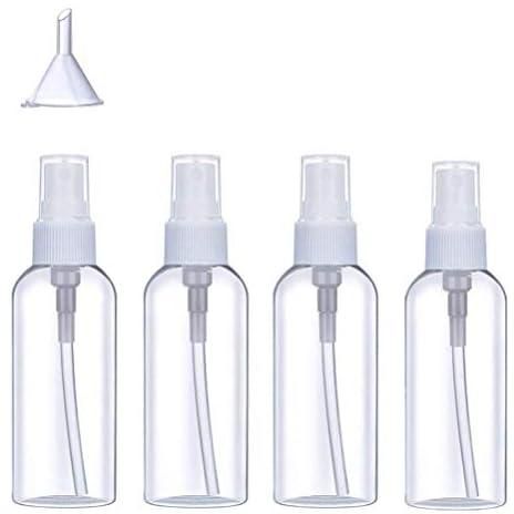 Spray Bottles 3.4oz/100mL Pocket Size Empty Mini Refillable Plastic Sprayer with Funnel for Essential Oils, Travel, Cleaning, Perfume, and Makeup Cosmetic Use (4 Pack)