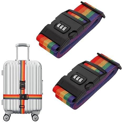 Puthak 2 Pcs Luggage Strap with Lock for Suitcase, 4m Rainbow Luggage Belt Strap for Suitcases, Adjustable Luggage Belt with Buckles for Camping Hiking Outdoor Carry Handbag