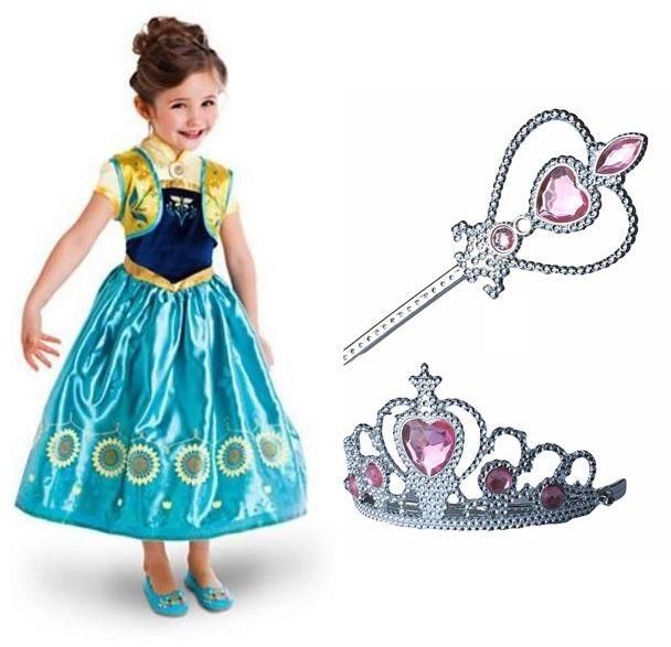 3 Pieces Elsa Anna Blue Dress Frozen With Pink Crown And Wand 2-3 Years