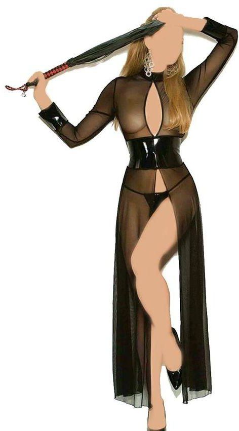 Lingerie - Long Open Dress - Black Transparent Chiffon and Thong Pants