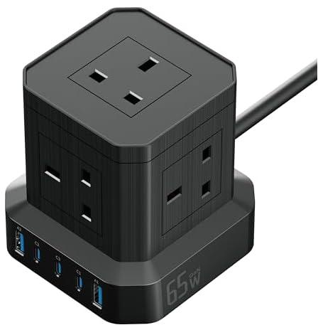 High Power 65W GaN Extension Lead Cube with USB, 5 Way AC Outlets Power Strip with 2 USB-A and 3 USB-C, Desktop Power Extension Socket with 2M Extension Cable Cords for Home Dorm Office Travel