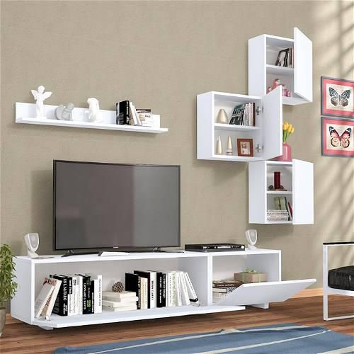 Modern TV Unit with wall shelves, White - TV94