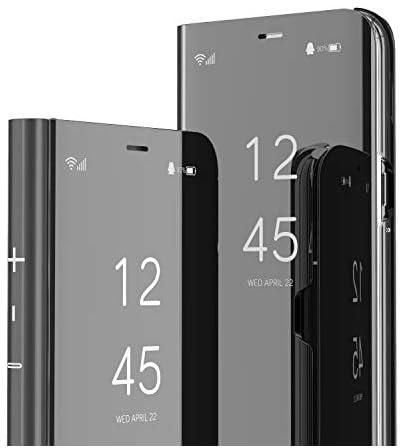 HMTECH Huawei Mate 20 Pro Case Clear View Window Electroplate Plating Stand Mirror Flip Ultra Slim Full Body Wallet Kickstand Bookstyle Cover for Huawei Mate 20 Pro,Mirror PU Black