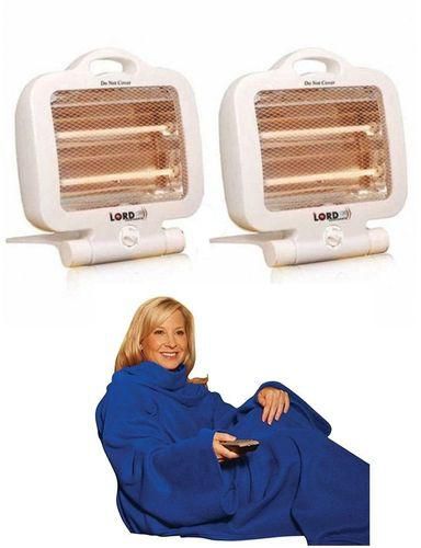 Lordian Electronic Quartz Heater - 2 Candles - Set of 2 + Snuggie Blanket With Sleeve - Blue