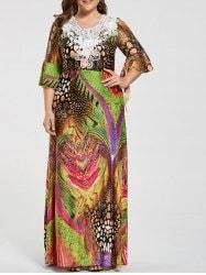Printed Lace Embellished Ruffled Plus Size Maxi Dress - Floral - 7xl