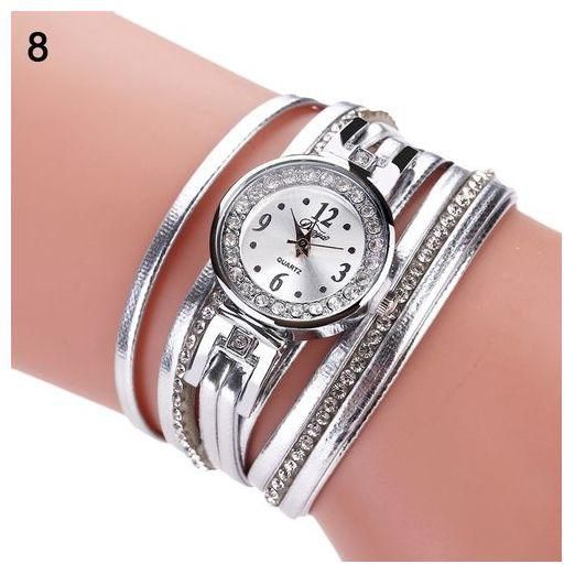 Duoya Lady Retro Rhinestone Multilayer Faux Leather Analog Quartz Bracelet Wrist Watch-Silver