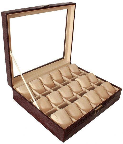 18 Piece Synthetic Leather Watch Organizer Case, Brown