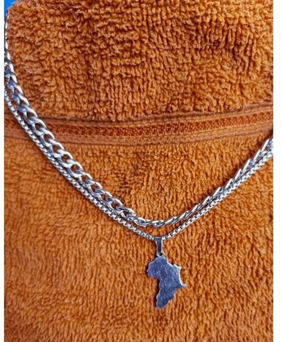 Map Of Africa Pendant With 2 Cuban Chains. Silver