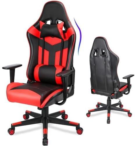 Gaming Chair Ergonomic Height Adjustable, Office Chair with Armrests, Headrests, Adjustable Tilt Angle Up to 150kg, PU Leather, Red