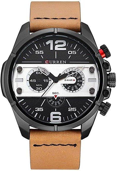 Curren 8259 Men's Sports Waterproof Leather Strap Analog Display Wrist Watch - Black, White