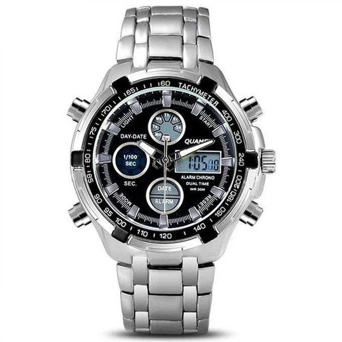 Quamer Men's Executive Waterproof Analogue And LED Watch - Silver/Black