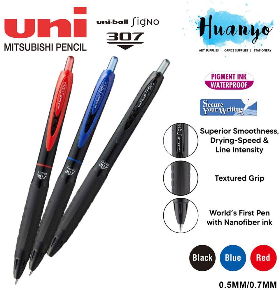 Uni-Ball Signo 307 Gel Ink Retractable Rubber Grip Pen 0.5MM/0.7MM (3 Colors)