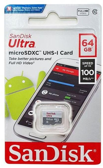 Sandisk بطاقة ذاكرة microSDXC الترا من سانديسك سعة 64 جيجابايت 100 ميجابت في الثانية فئة 10 UHS-I