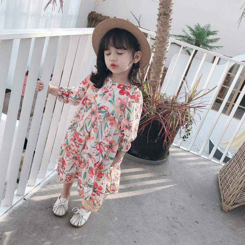 Girls Dress Long Sleeve Chiffon Floral Design 5-12Y - 6 Sizes (Red - White)