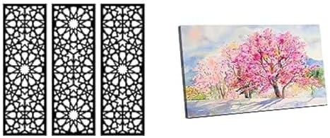 Bundle Home gallery arabesque wooden wall art 3 panels 80x80 cm + Canvas Wall Art, Abstract Framed Portrait of Wild himalayan cherry in the morning 60 W x 40 H x 2 D