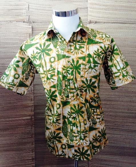 Short Sleeve Batik Men Shirt - Block Printed - 100% Cotton-SIZE XL (Green)