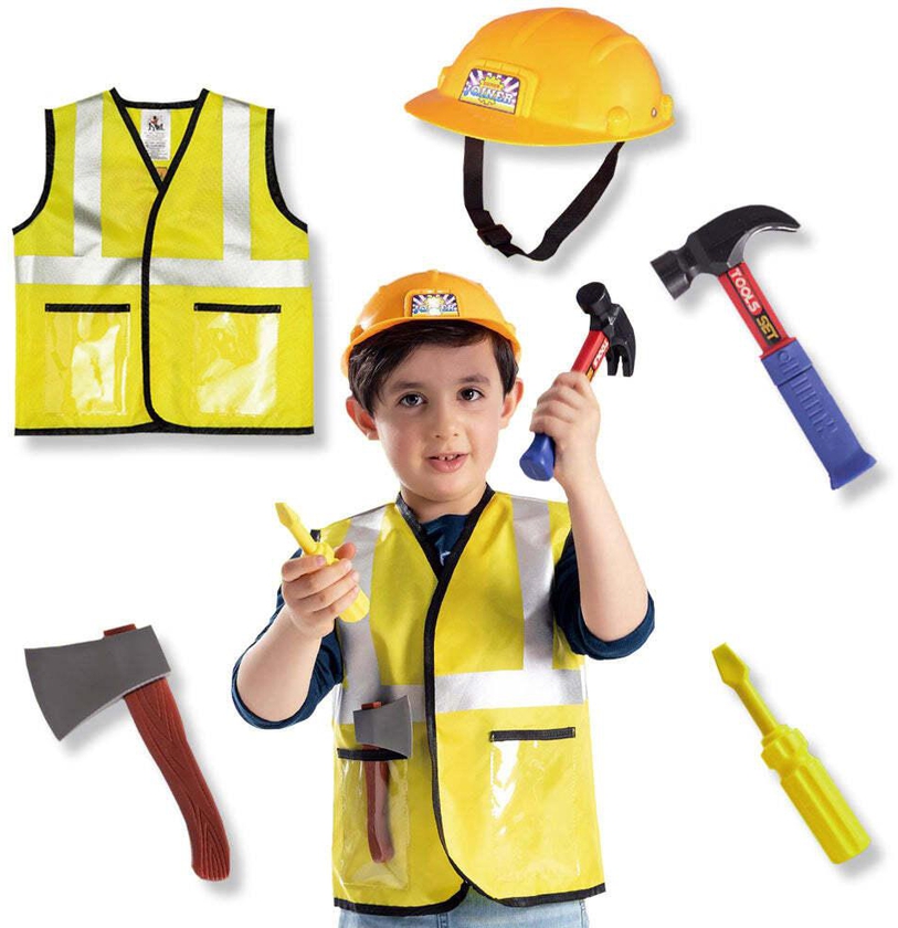 Kidwala construction worker costume dress up set, yellow safety vest &amp; yellow helmet for boys &amp; girls