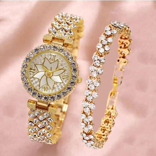 Women Rhinestone Wrist Watch With Bracelet - Gold