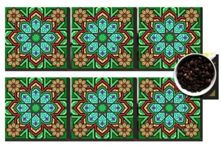 6-Piece Printed Coaster Set Green/Blue/Red 7x7 centimeter