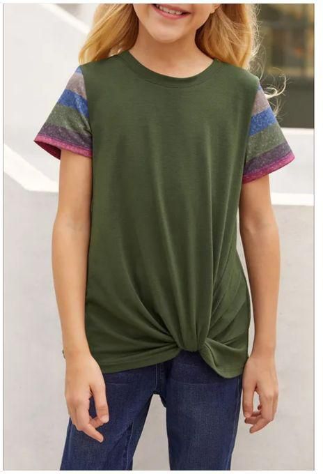 Mfed Olive Green Girls Striped Sleeves Tee