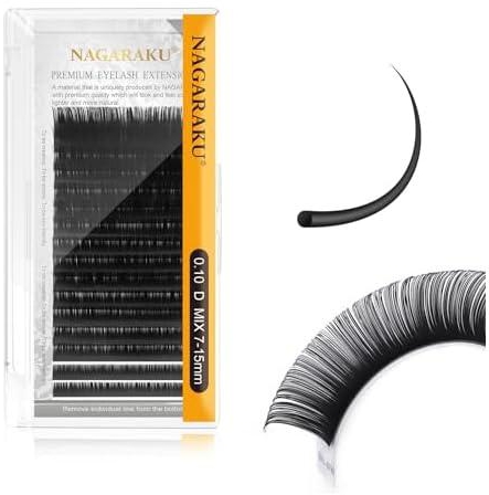 NAGARAKU Eyelash Extensions Individual Lashes Mega Volume 0.10mm D Curl 7-15mm Mix Tray Classic Matte Black Natural Faux Mink False Lash 16 Rows