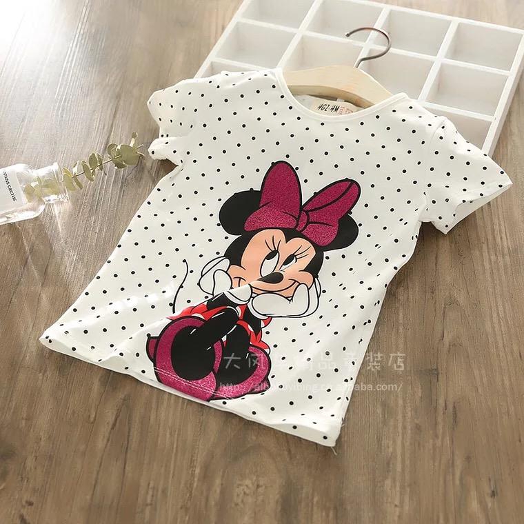 Girls T-Shirt Polka Dots Minnie Mouse Print 2-12Y - 5 Sizes (White)